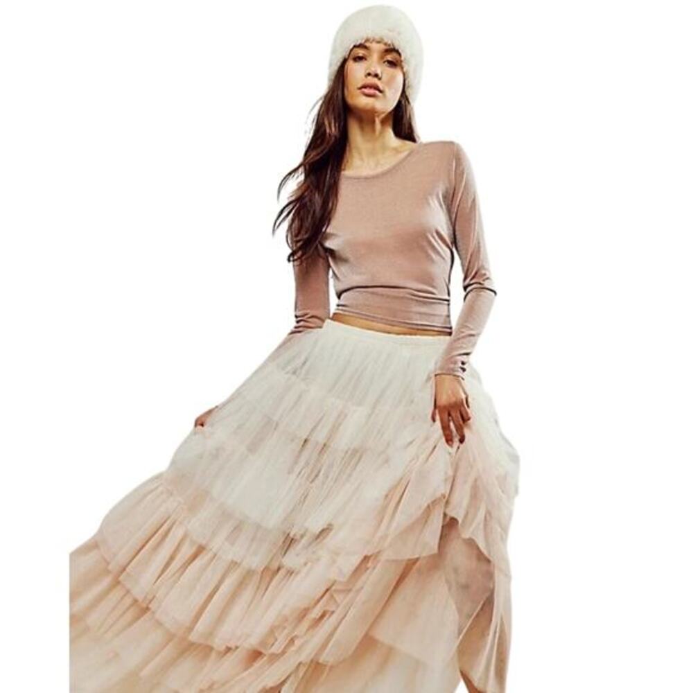 Free People Sheer Mesh Sparkle Top XS Pale Pink Long Sleeve Layering Y2K
